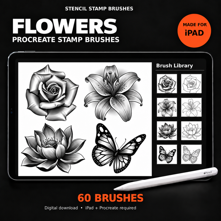 Flowers Procreate stamp brushes on iPad with Apple Pencil