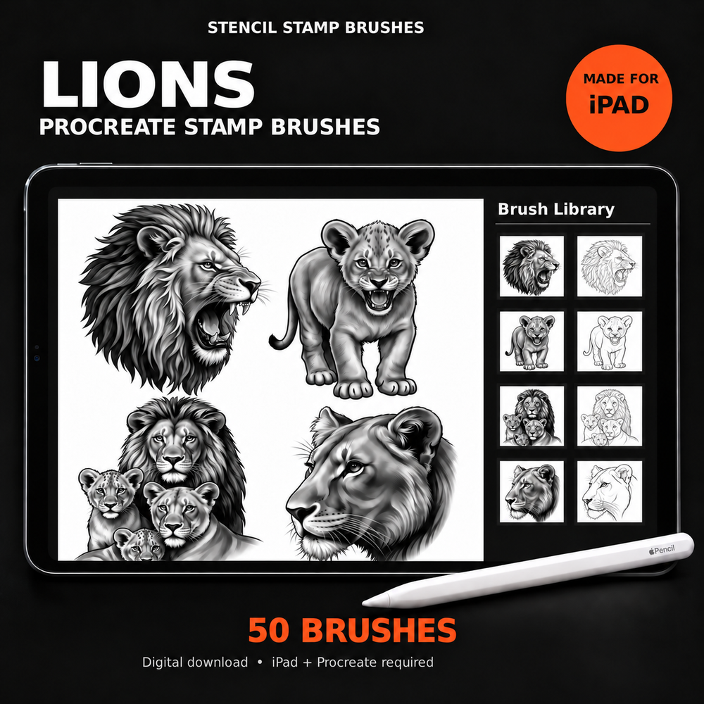 Lions Procreate stamp brush collection on iPad with Apple Pencil