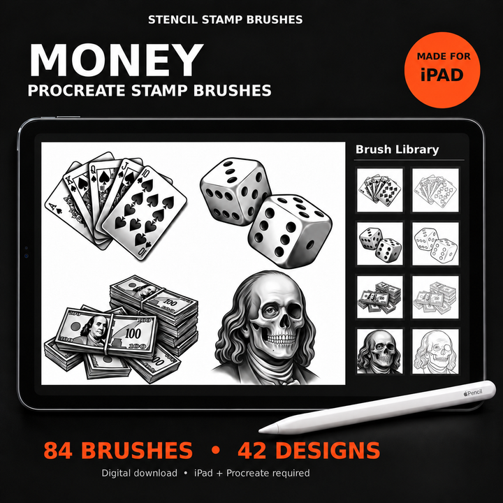 Money Procreate brush set with cards, dice, cash and intact Franklin skull, shown on iPad with Apple Pencil