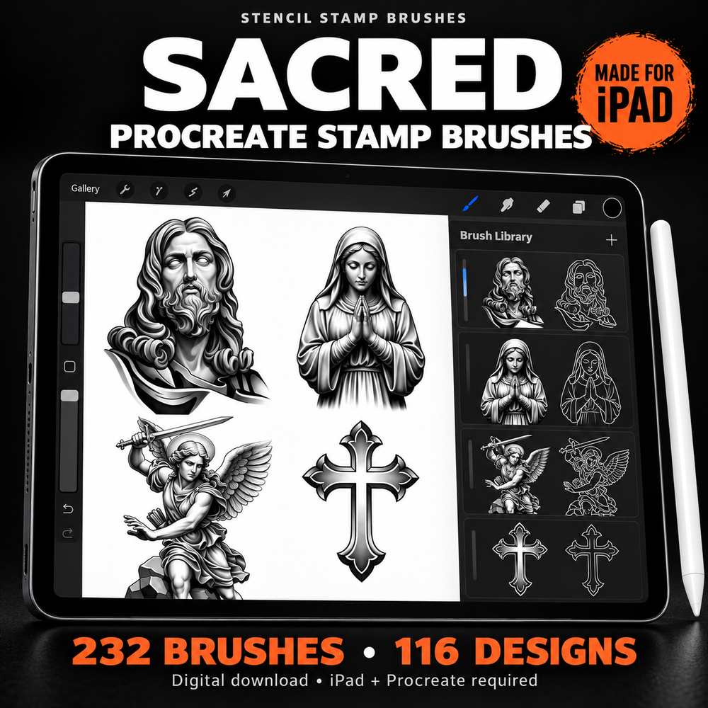 SACRED Procreate stamp brushes for iPad — digital download of 232 brushes and 116 designs, shown on an iPad with Apple Pencil.