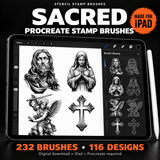 SACRED Procreate stamp brushes for iPad — digital download of 232 brushes and 116 designs, shown on an iPad with Apple Pencil.