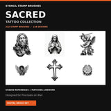 Stencil Stamp Brushes Sacred Tattoo Collection: 232 Procreate brushes with shaded references and matching linework